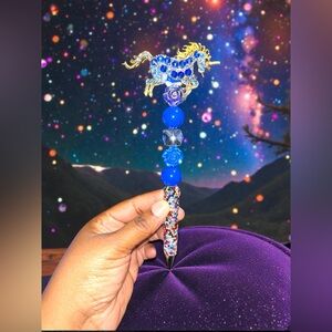 Blue and Gold Custom Made Blue Rhinestone Unicorn Pen